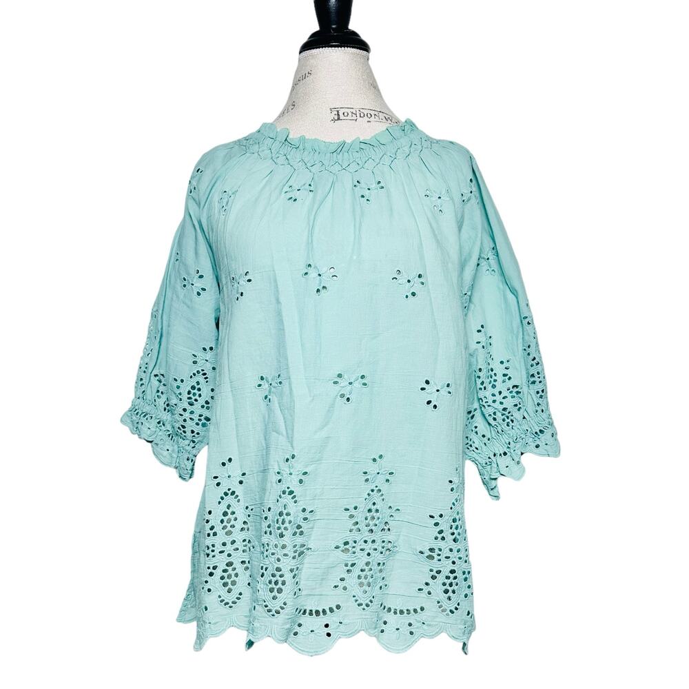 THML | Women | Solid Teal Turquoise Boho Cottagecore Eyelet Tunic Top | Small